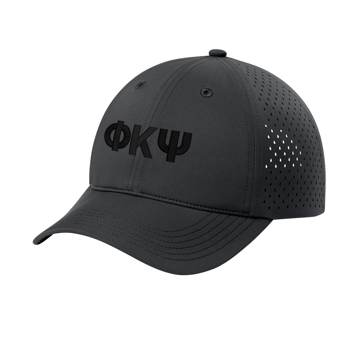 Performance golf hat with black 3D puff embroidered Greek letters on a structured black cap with perforated side panels for breathability