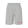 embroidered silver 7 inch mesh shorts front view