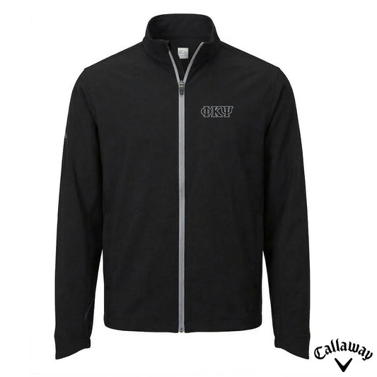 Black Callaway full-zip water-repellent golf jacket with Greek letter embroidery on chest displayed on white background