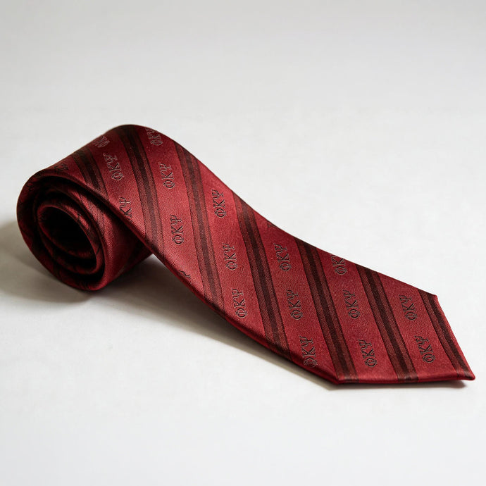 Official Phi Kappa Psi Signature Striped Silk Tie in red with woven Phi Kappa Psi Greek letters, premium fraternity neck tie for composite photos, formals, weddings, graduation, and professional attire.