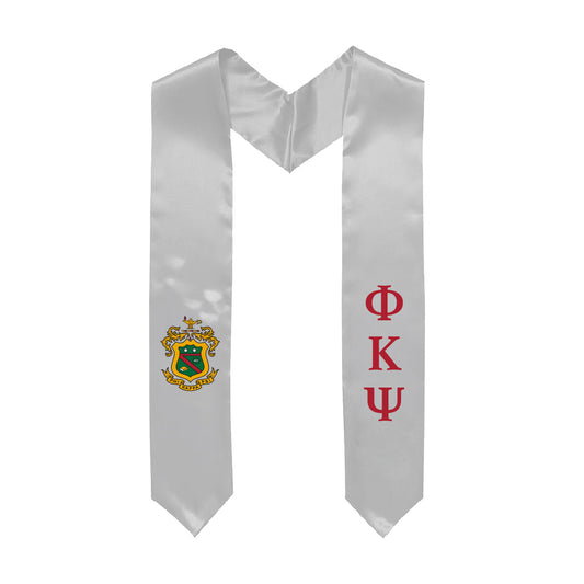 White graduation stole decorated with Greek letters and Coat of Arms