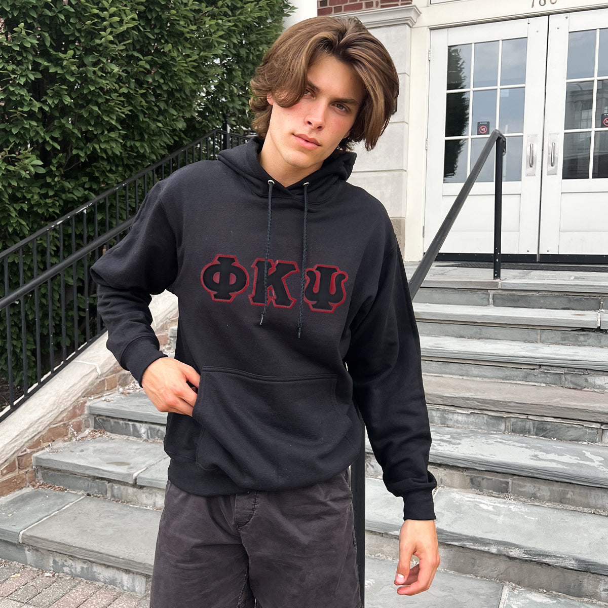 Phi Psi Black Hoodie with Black Sewn On Letters