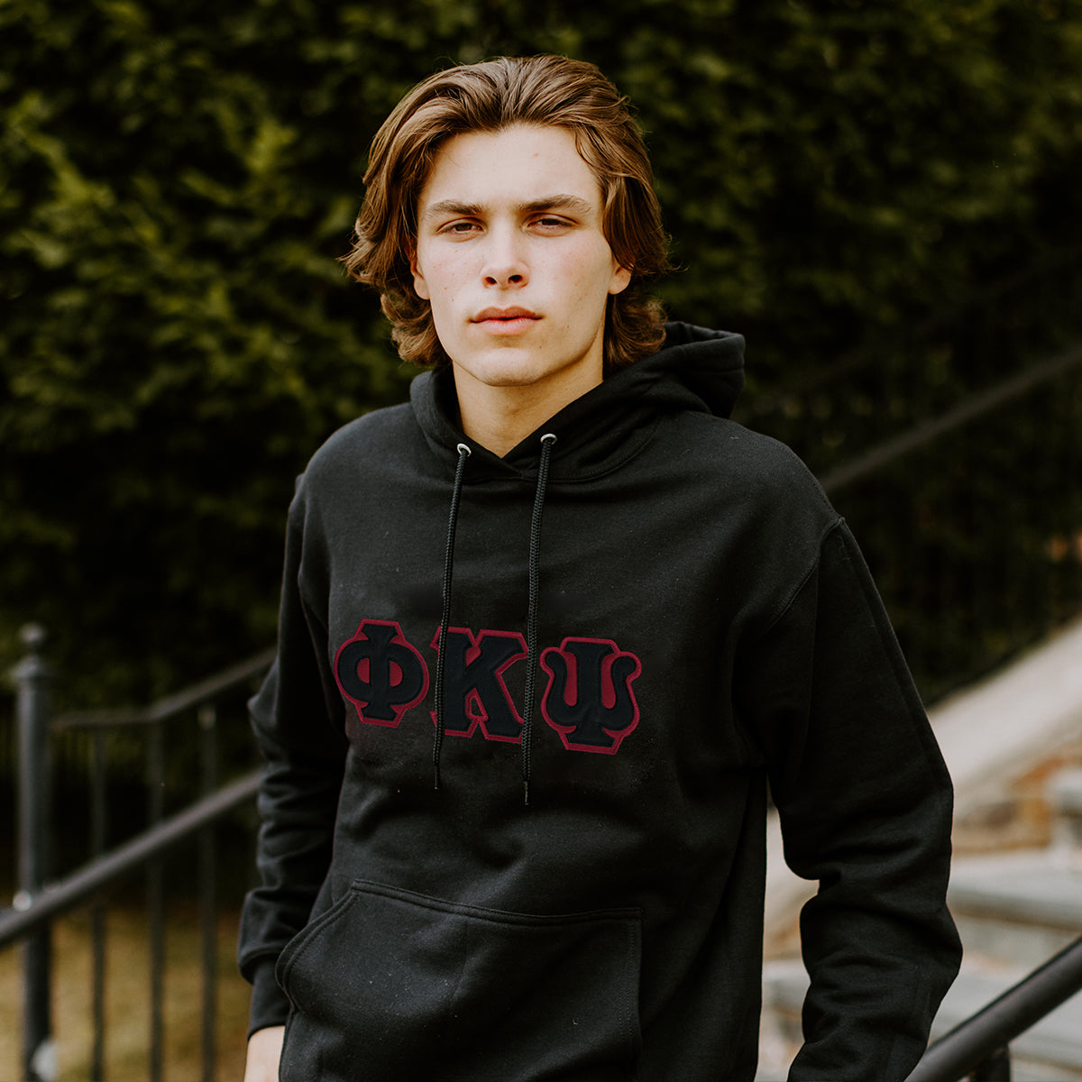 Phi Psi Black Hoodie with Black Sewn On Letters