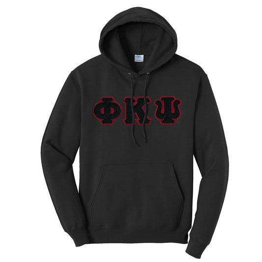 Phi Psi Black Hoodie with Black Sewn On Letters