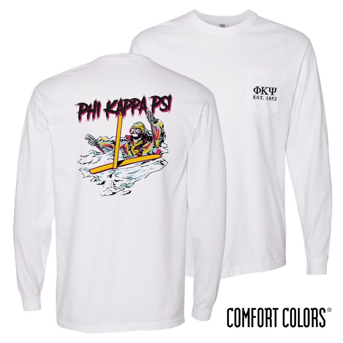 Phi Psi Comfort Colors White Long Sleeve Ski-leton Tee | Phi Kappa Psi | Shirts > Long sleeve t-shirts