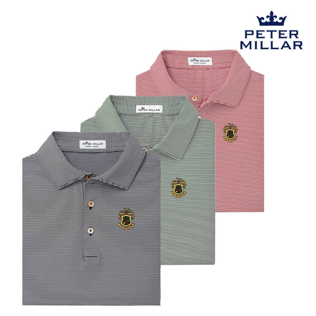 Phi Psi Peter Millar Jubilee Stripe Stretch Jersey Polo with Crest