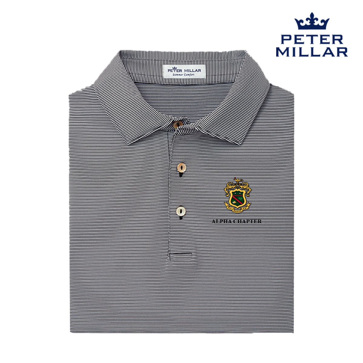 Phi Psi Personalized Peter Millar Jubilee Stripe Stretch Jersey Polo with Crest