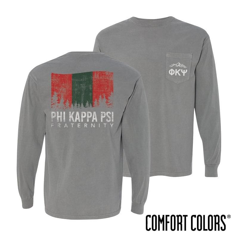 Phi Psi Gray Comfort Colors Flag Long Sleeve Pocket Tee | Phi Kappa Psi | Shirts > Long sleeve t-shirts