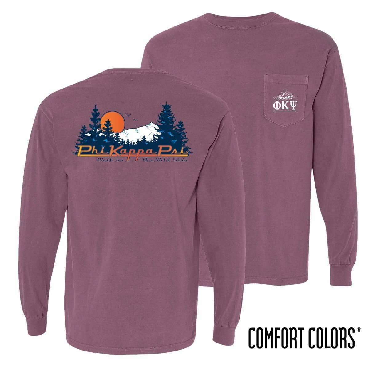 Phi Psi Comfort Colors Berry Retro Wilderness Long Sleeve Pocket Tee | Phi Kappa Psi | Shirts > Long sleeve t-shirts