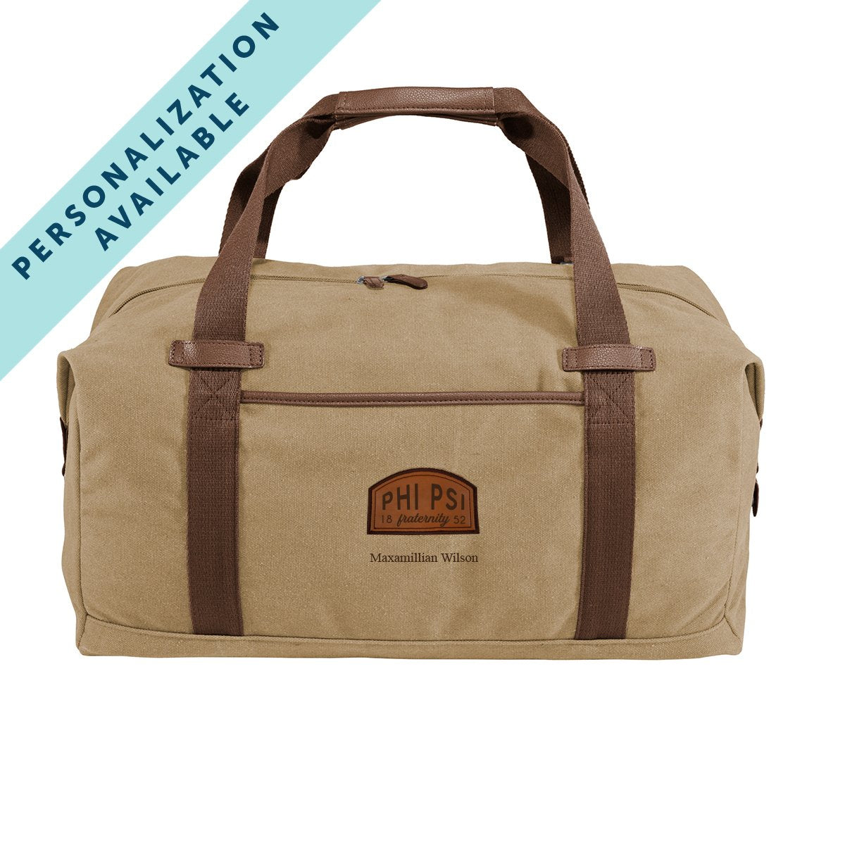Phi Psi Khaki Canvas Duffel With Leather Patch | Phi Kappa Psi | Bags > Duffle bags